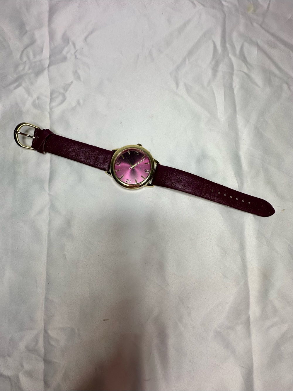 Source Unknown Pink Sunburst Dial Watch with Burgundy Leather Strap